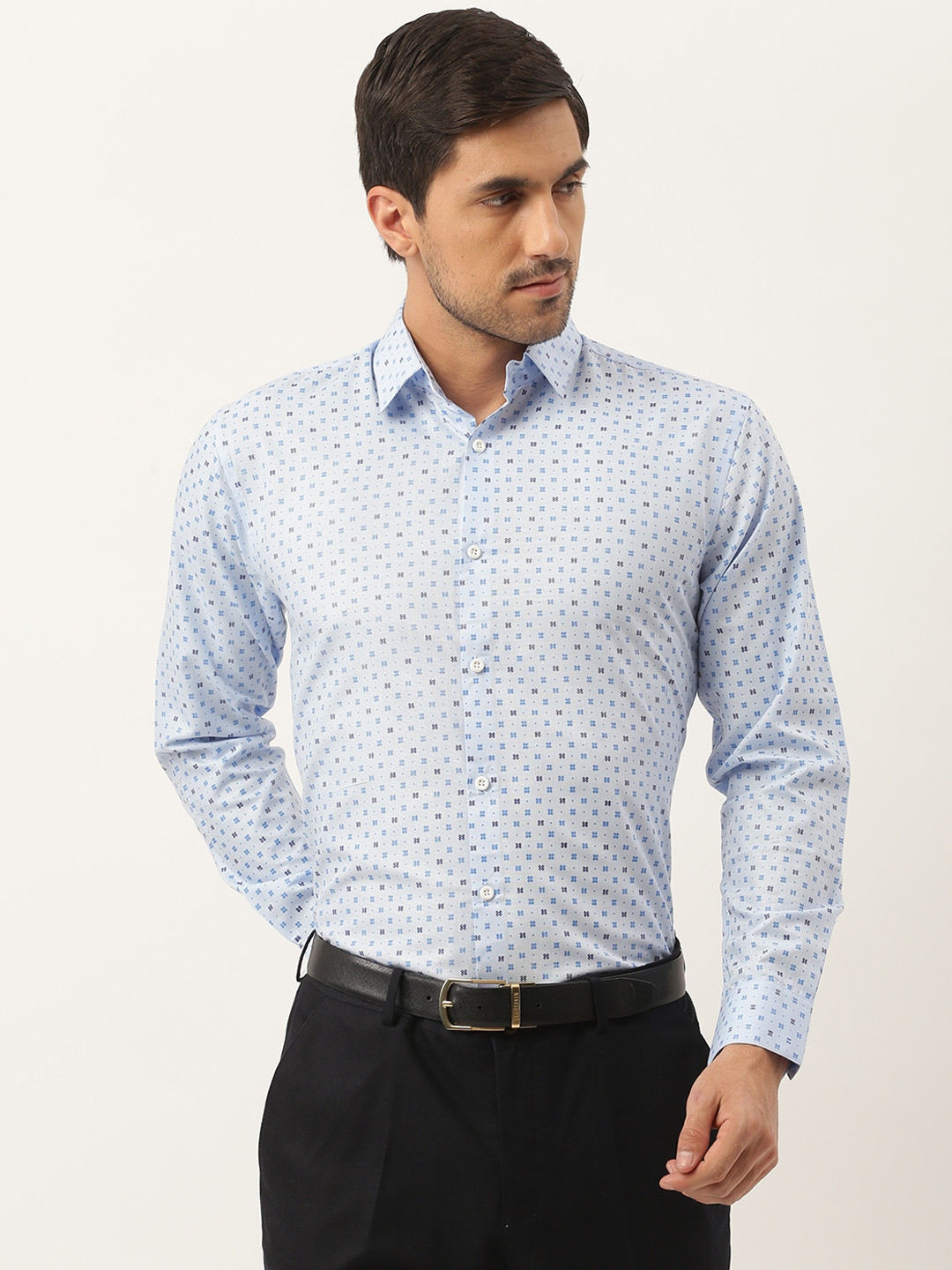 SOJANYA Men Blue Geometric Print Pure Cotton Classic Formal Shirt
