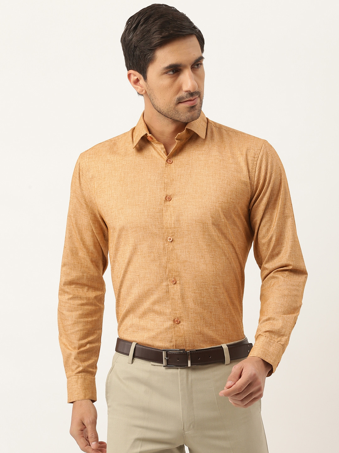 SOJANYA Men Khaki Solid Classic Formal Shirt