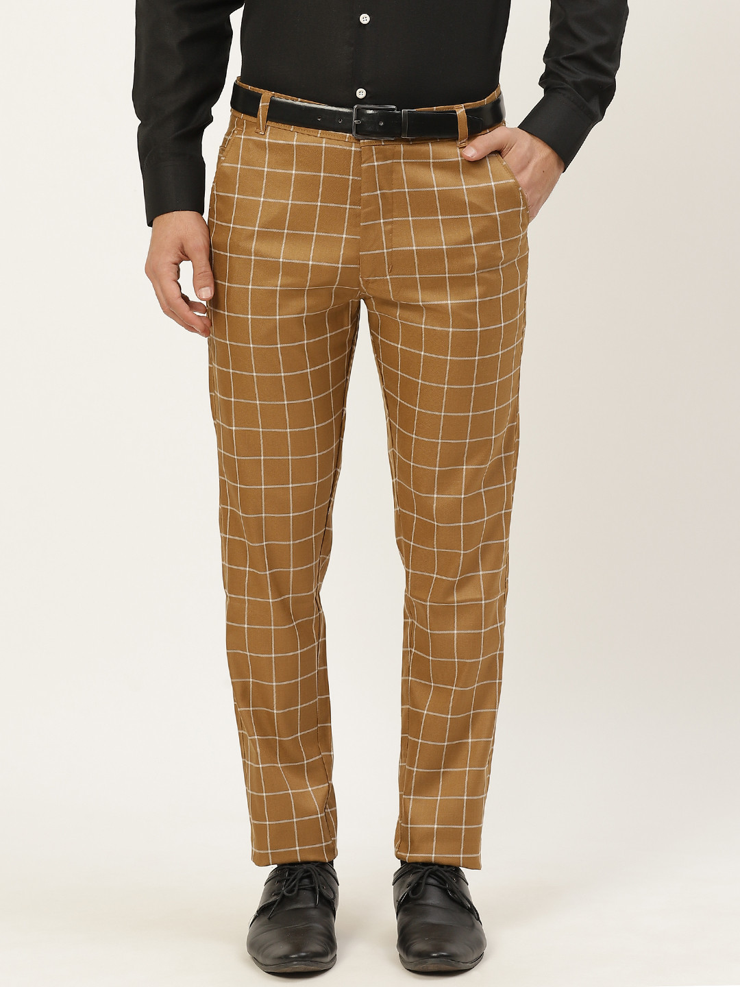 SOJANYA Men Khaki Checked Formal Trousers