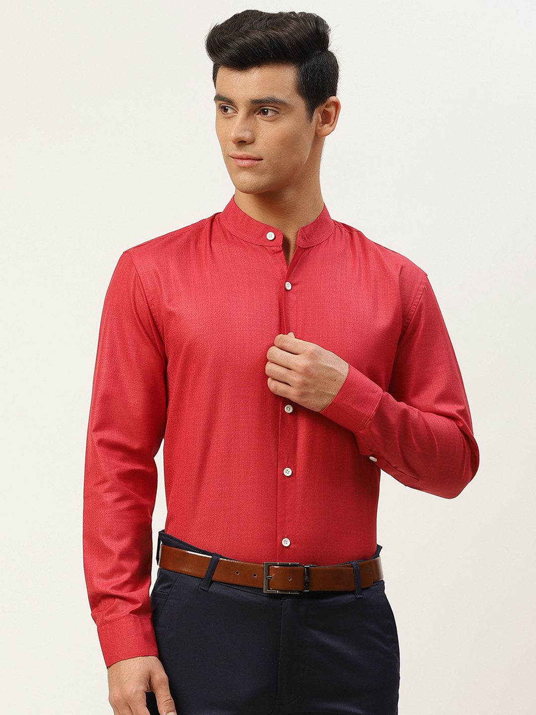SOJANYA Men Red Solid Cotton Linen Formal Shirt