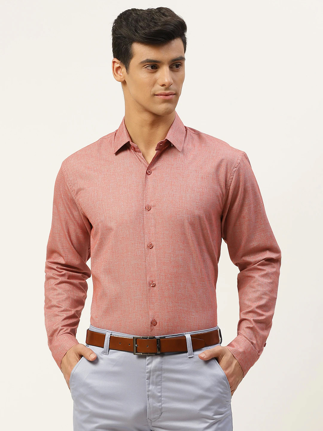 SOJANYA Men Rust Red Cotton Linen Solid Classic Formal Shirt