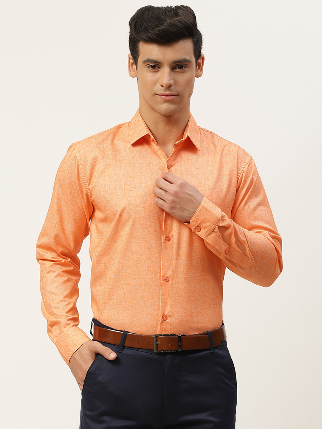 SOJANYA Men Orange Solid Cotton Linen Formal Shirt