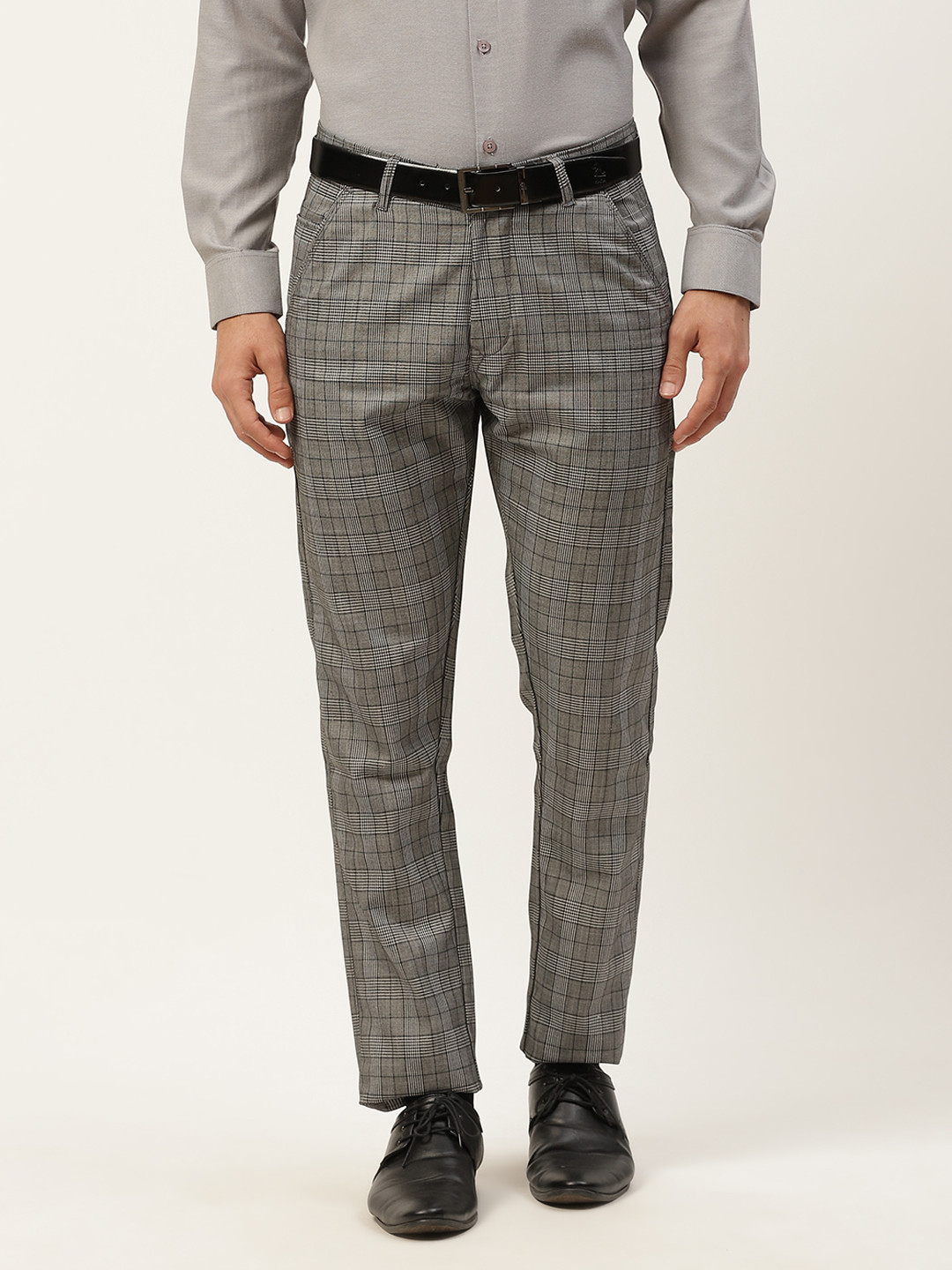 SOJANYA Men Grey Houndstooth Pattern Smart Formal Trousers