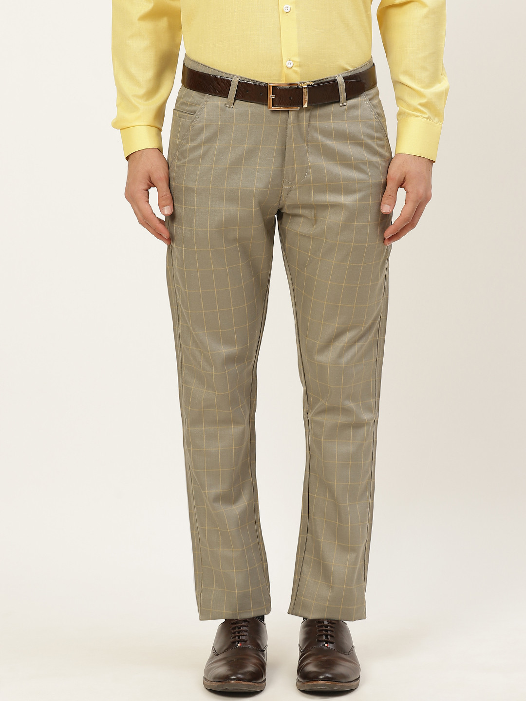 SOJANYA Men Beige & Yellow Checked Formal Trousers