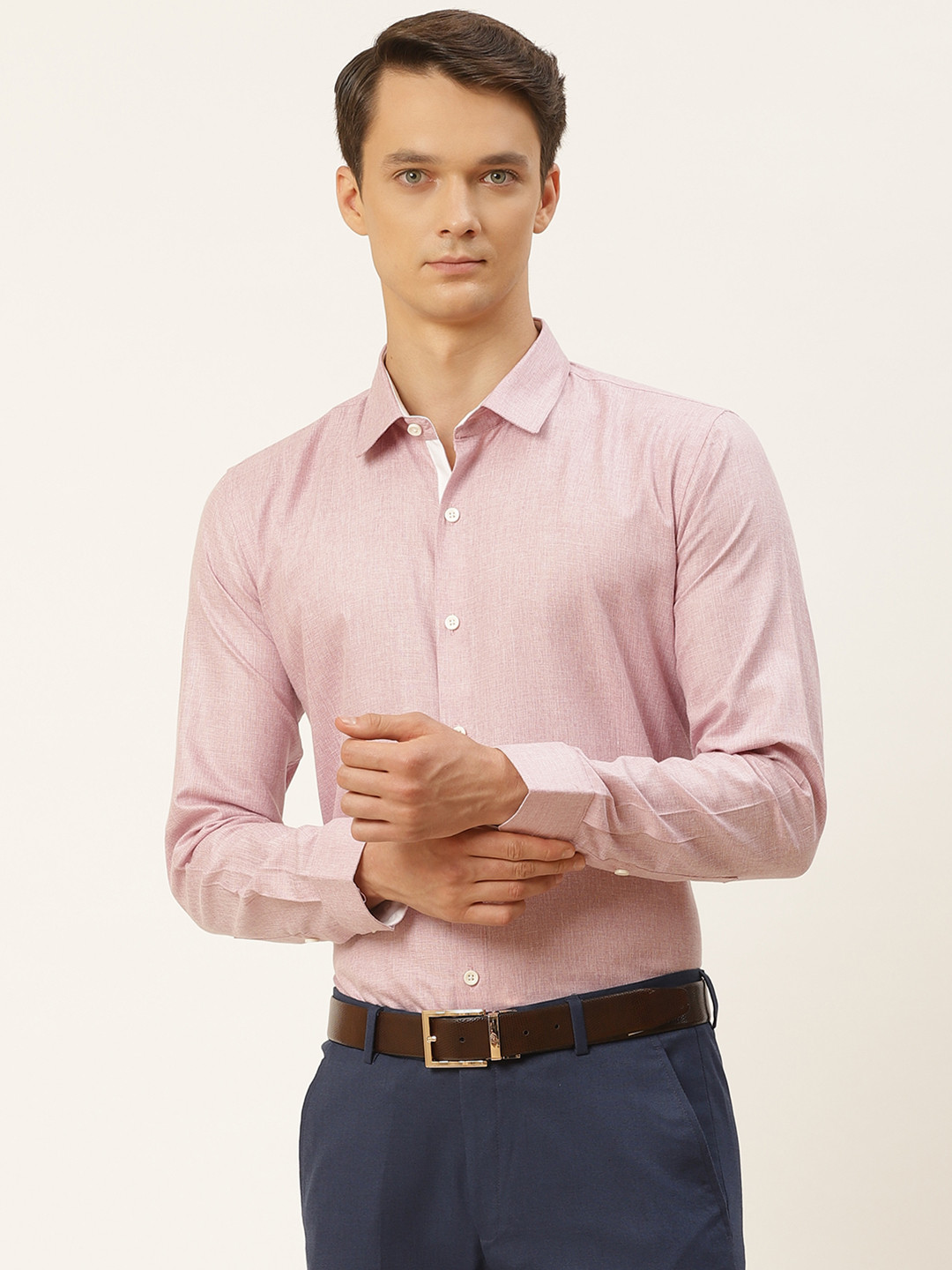 SOJANYA Men Pink Cotton Linen Solid Classic Formal Shirt