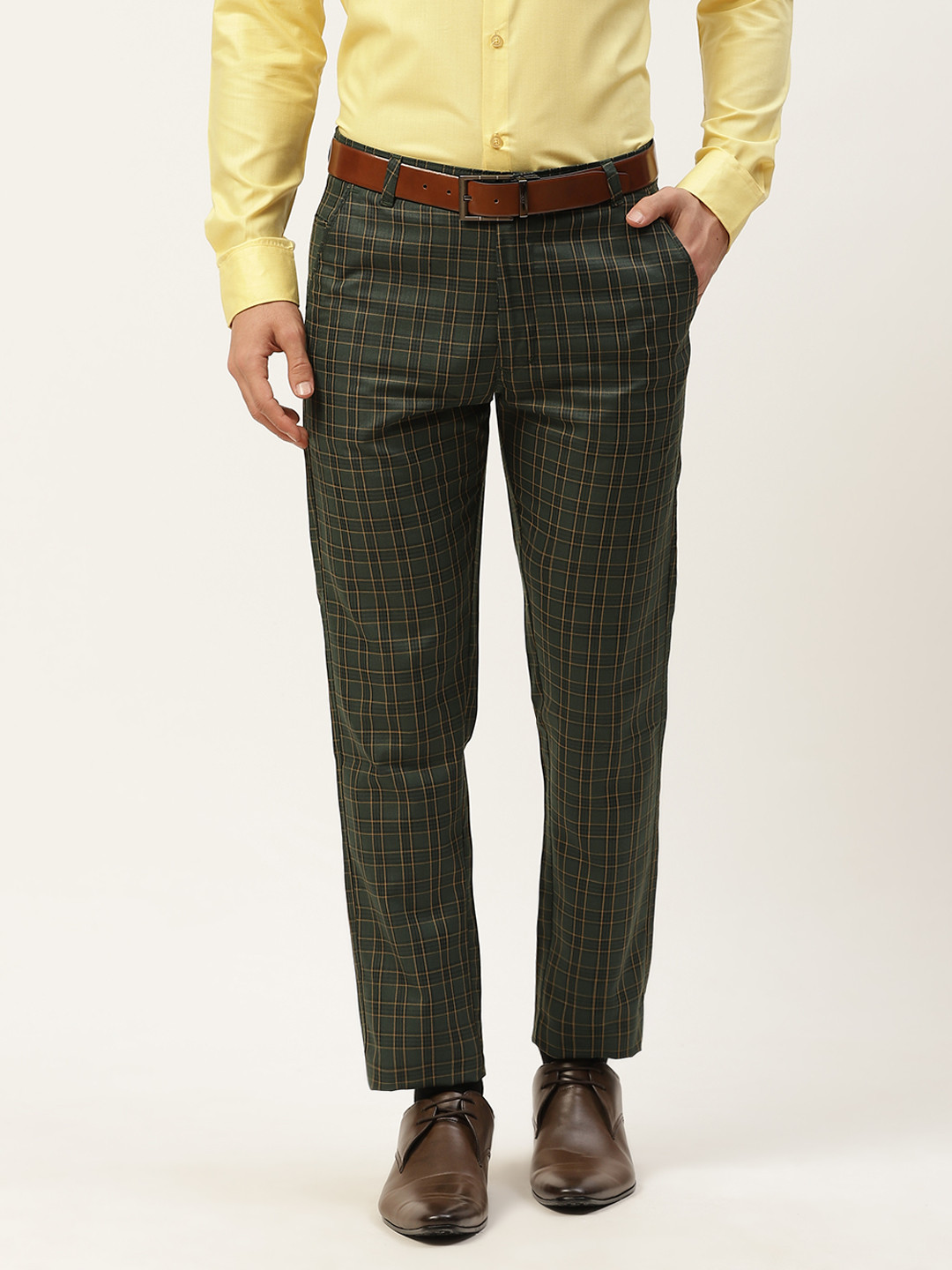 SOJANYA Men Green Checked Smart Formal Trousers
