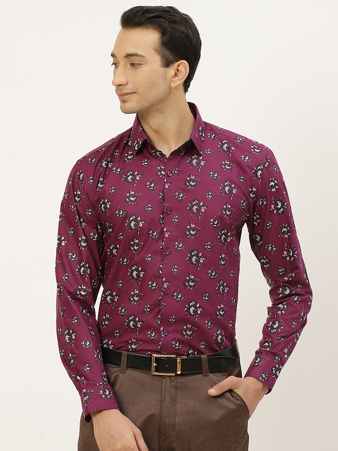 SOJANYA Men Burgundy & Black Pure Cotton Classic Floral Printed Formal Shirt
