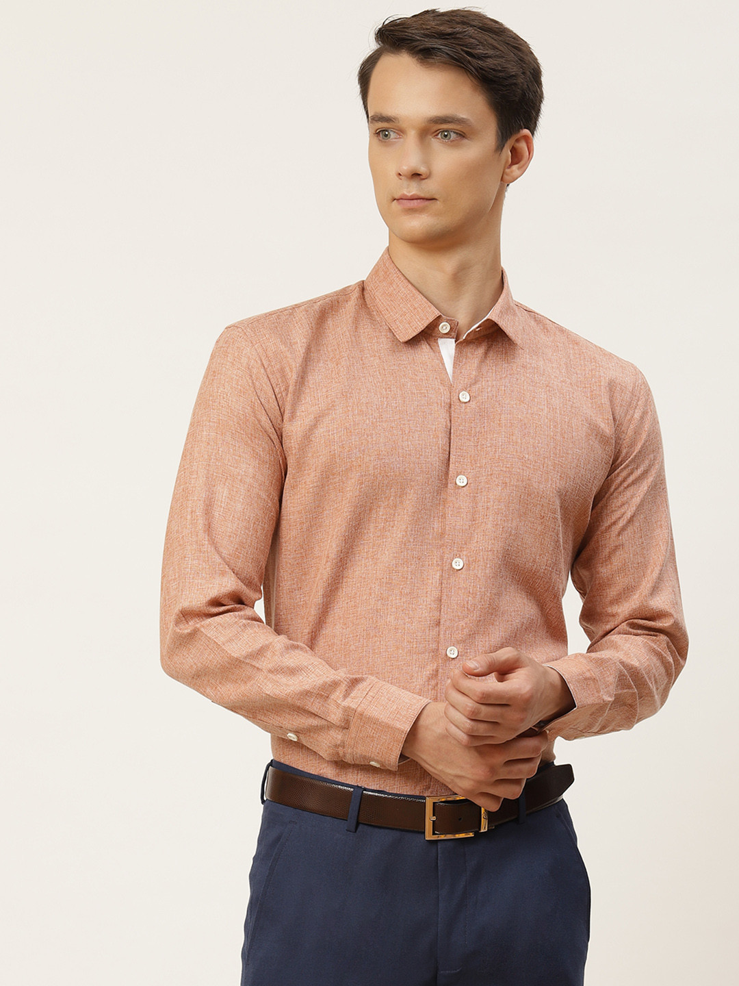 SOJANYA Men Rust Brown Cotton Linen Solid Classic Formal Shirt