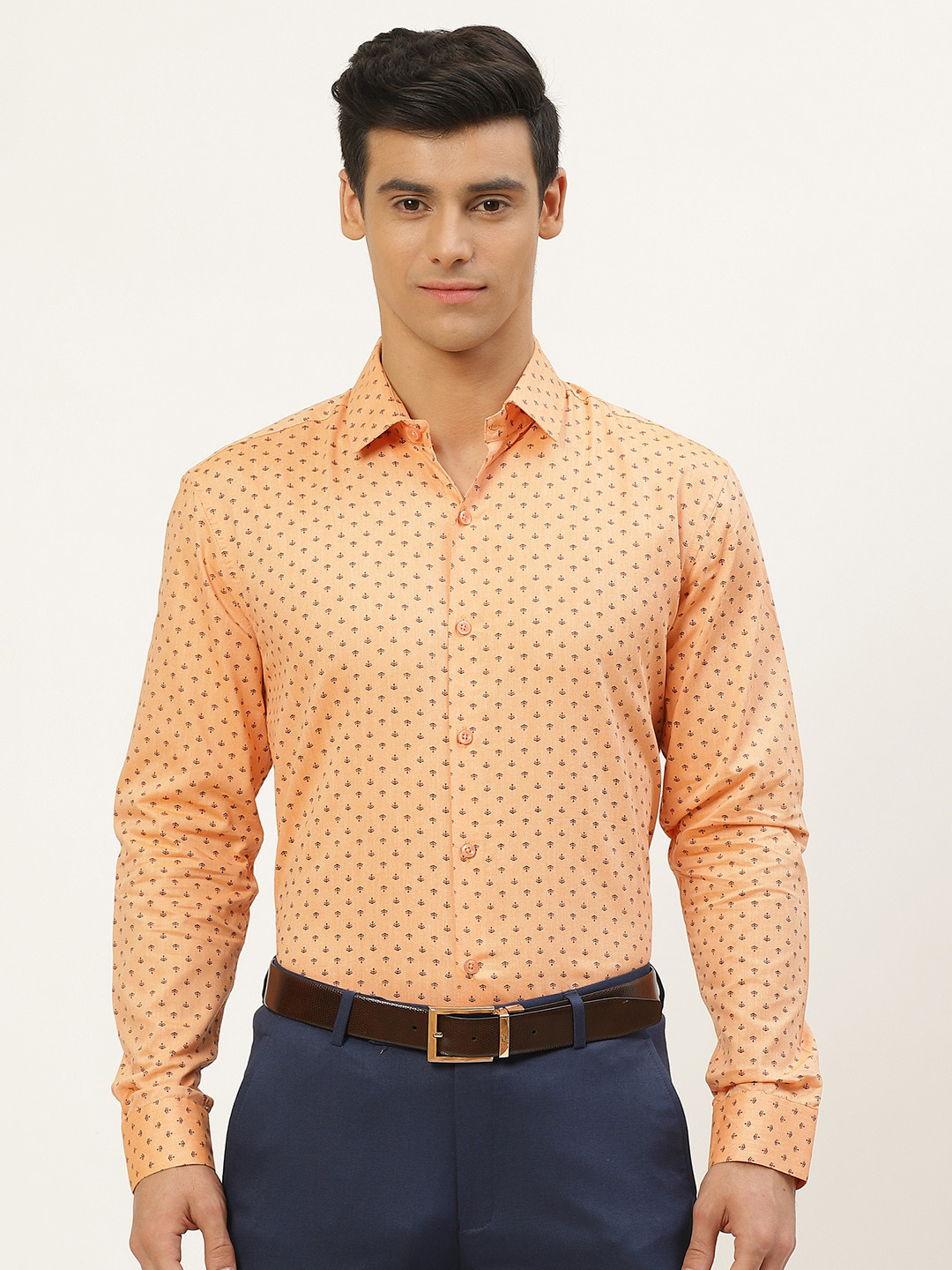 SOJANYA Men Peach-Colour & Black Classic Regular Fit Ditsy Print Formal Shirt