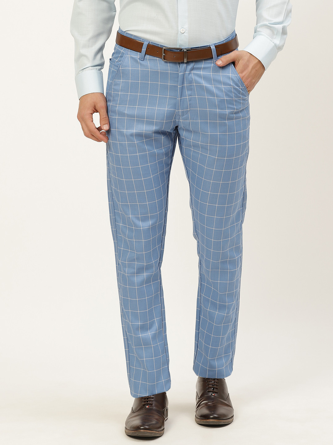 SOJANYA Men Blue Checked Regular Fit Formal Trousers