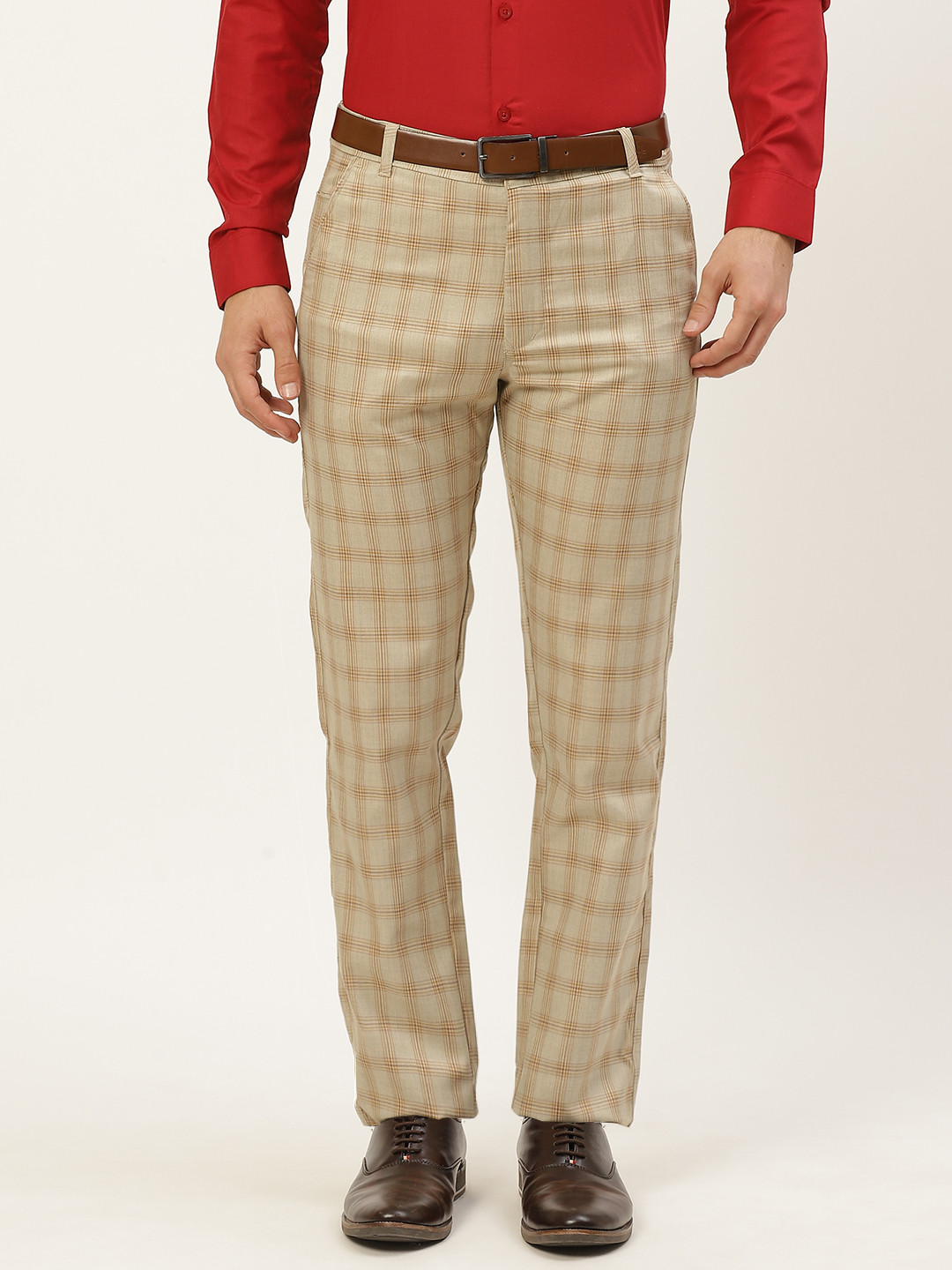 SOJANYA Men Grey & Mustard Yellow Checked Smart Formal Trousers