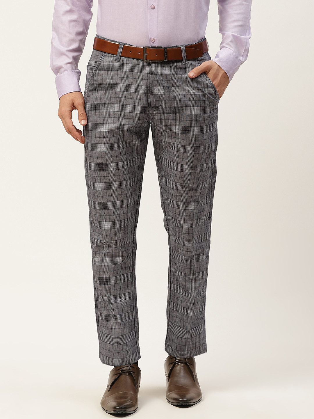 SOJANYA Men Grey Houndstooth Pattern Smart Formal Trousers