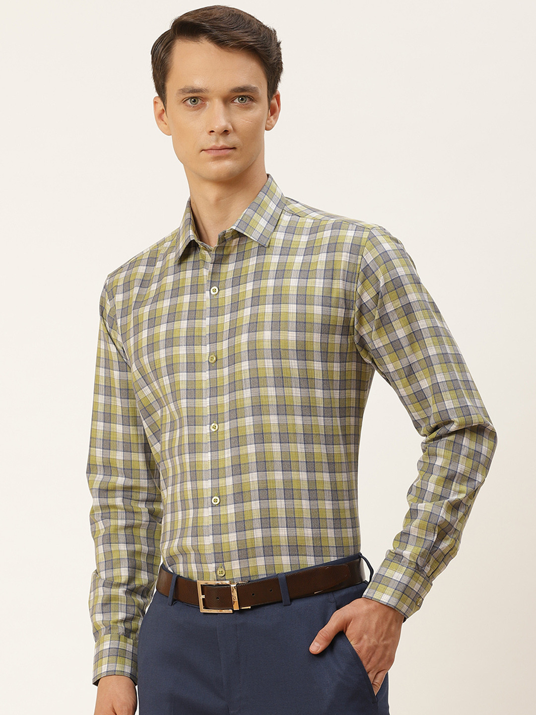 SOJANYA Men Green & Grey Gingham Checks Classic Fit Formal Shirt