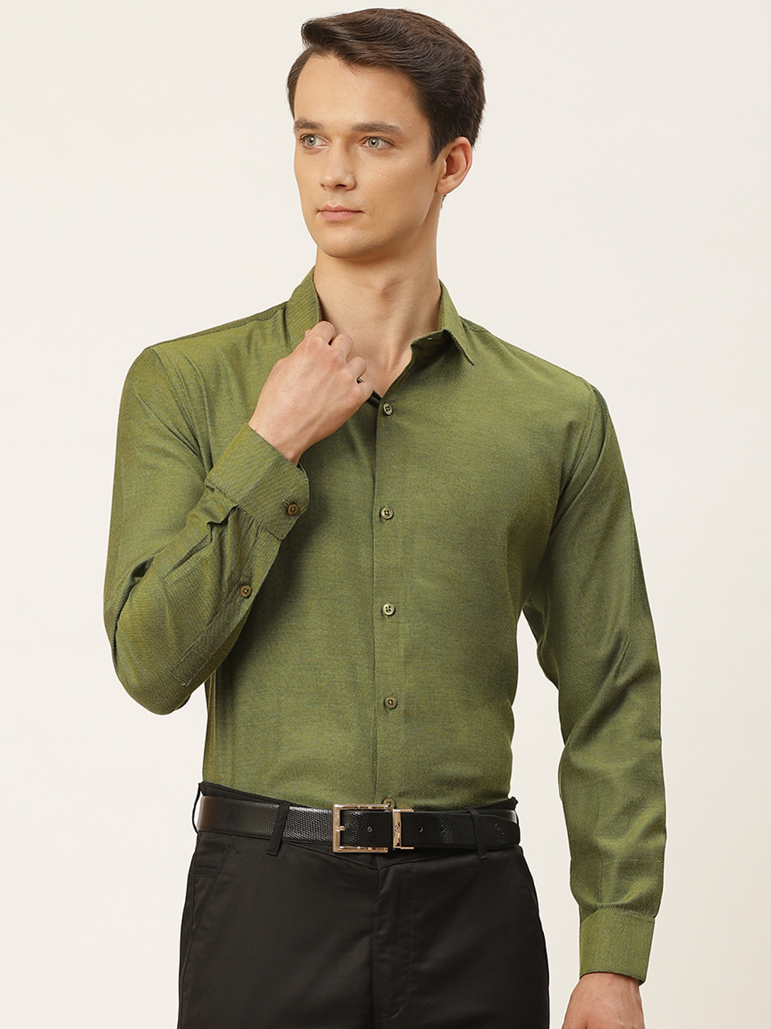 SOJANYA Men Olive Green Self-Design Classic Formal Shirt