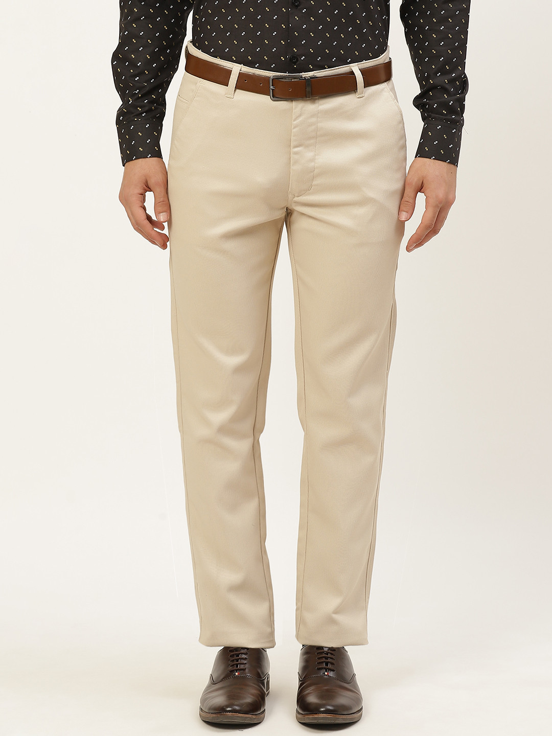 SOJANYA Men Beige Striped Regular Fit Formal Trousers