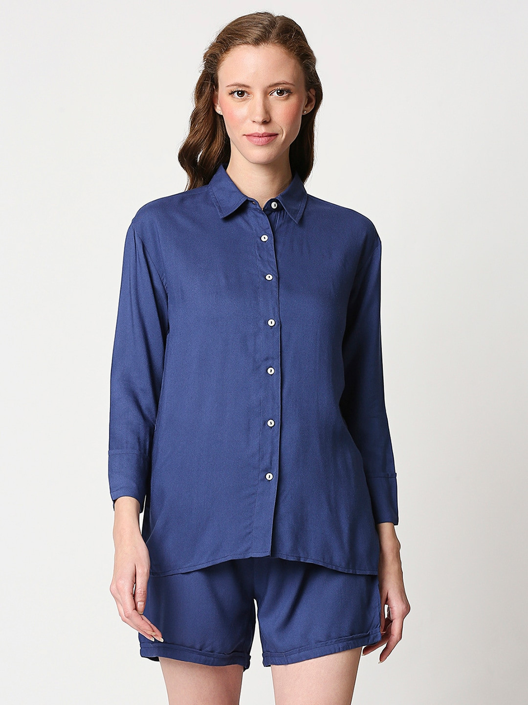 Bewakoof Women Blue Solid Pure Cotton Night Suit 321415