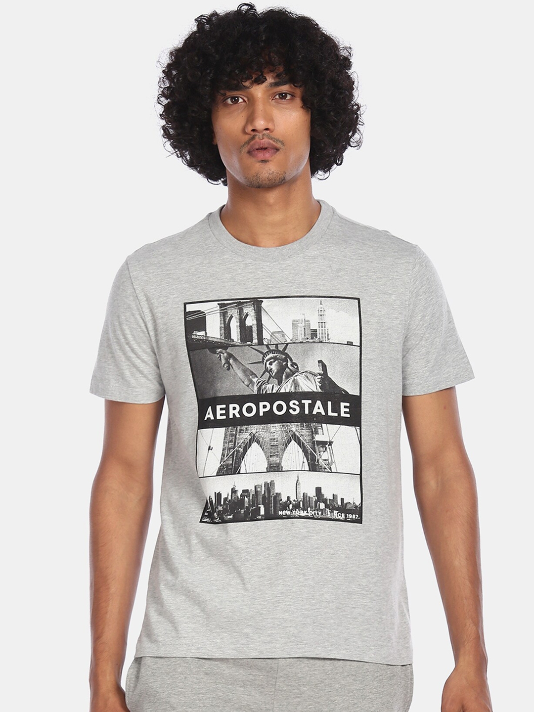 Aeropostale Men Light Grey Graphic Printed Round Neck T shirt