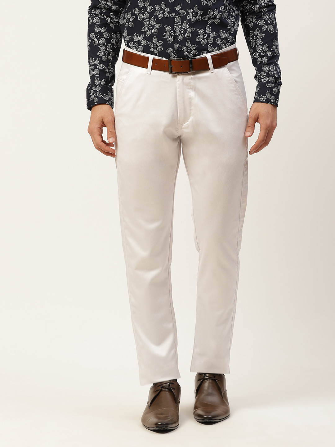SOJANYA Men White Solid Smart Formal Trousers