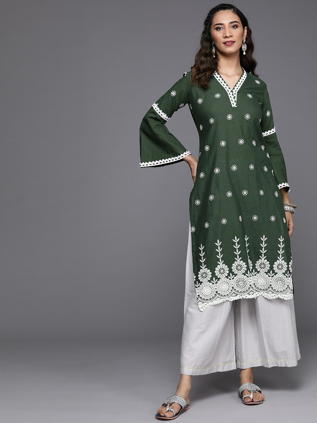 Libas Women Olive Green & White Ethnic Motifs Embroidered Cotton Straight Kurta