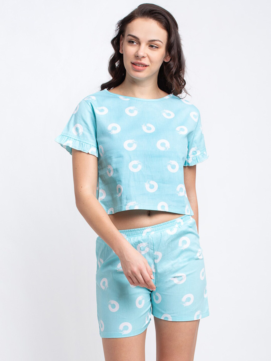 Boston Club Women Turquoise Blue & White Printed Night Suit