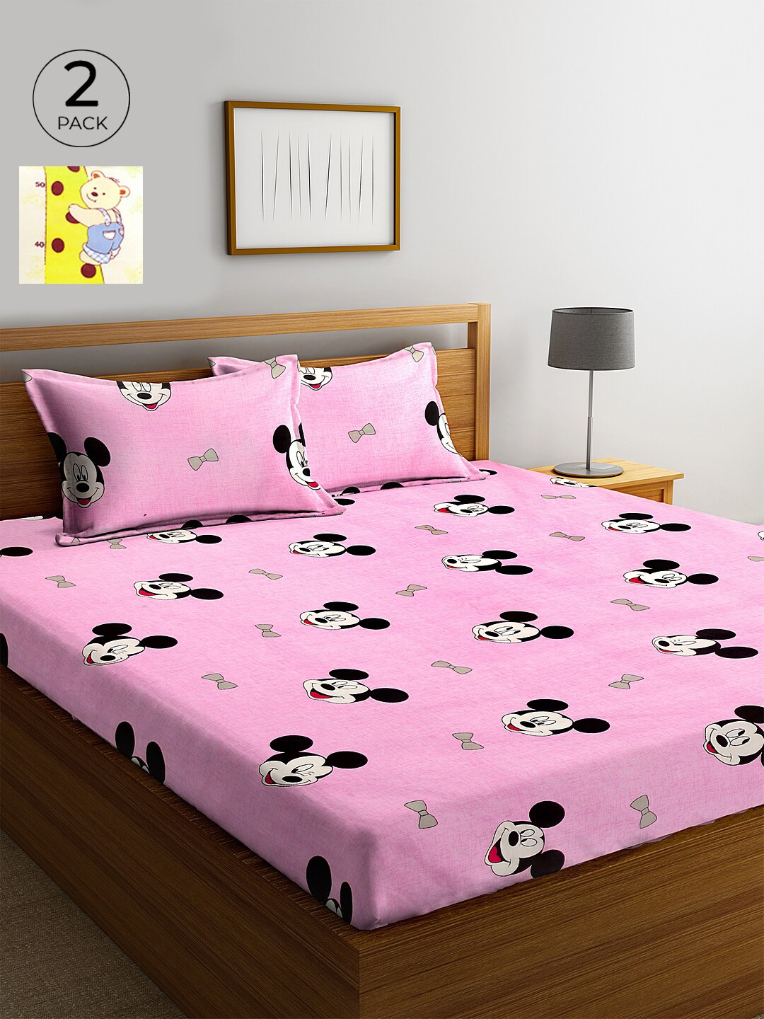 KLOTTHE Yellow Cartoon Characters Cotton 210 TC King Fine 2 Bedsheet with 4 Pillow Covers-98 x 89 inches