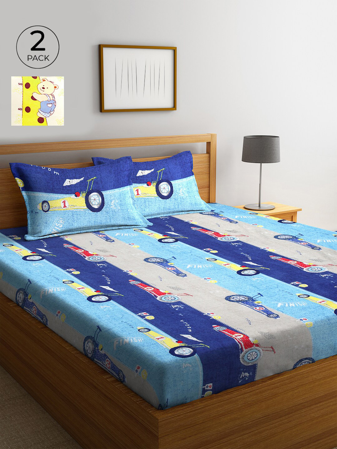 KLOTTHE Blue Conversational Polycotton 300 TC King Fine 2 Bedsheet with 4 Pillow Covers-98 x 89 inches
