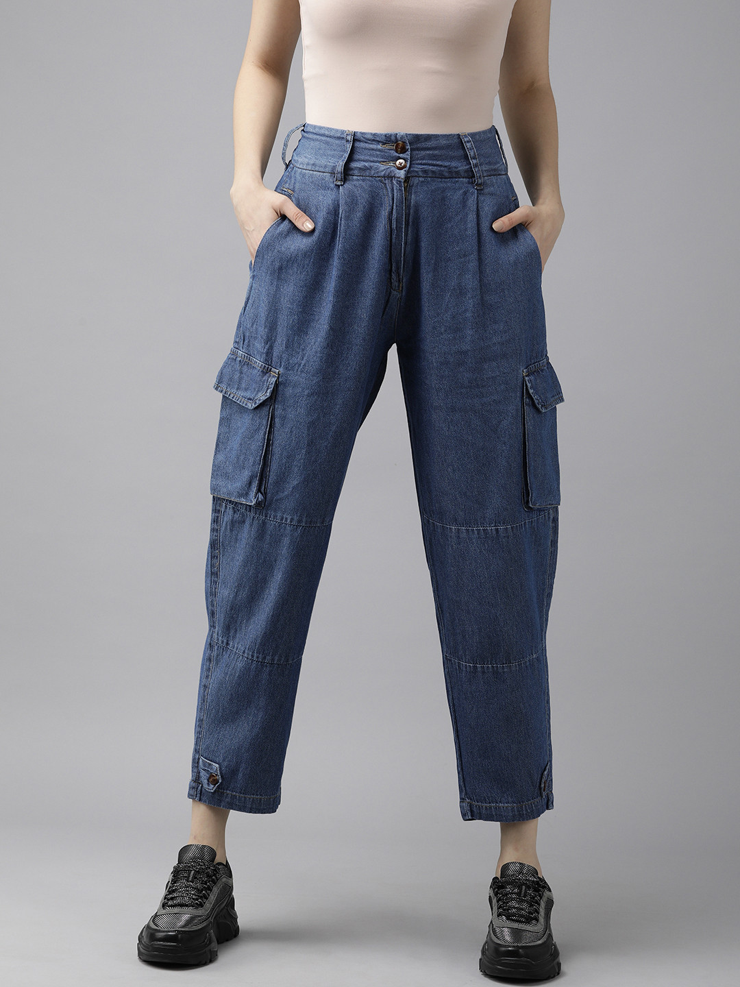 Roadster Women Blue Boyfriend Fit High-Rise Cropped Cargo Jeans