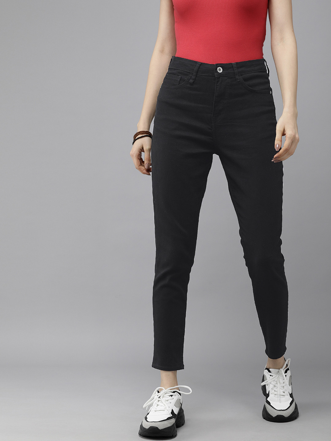 Roadster Women Black Skinny Fit High-Rise Stretchable Cropped Jeans