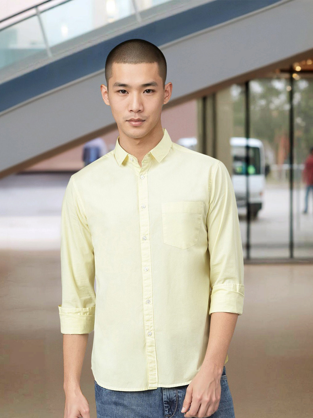 Dennis Lingo Men Yellow Slim Fit Solid Cotton Casual Shirt