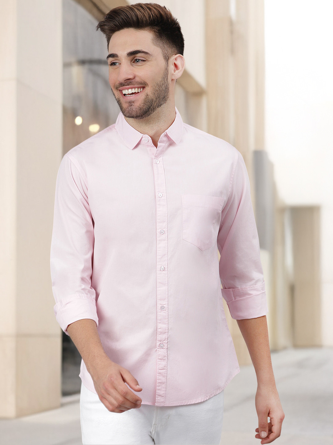 Dennis Lingo Men Pink Pure Cotton Solid Slim Fit Casual Shirt