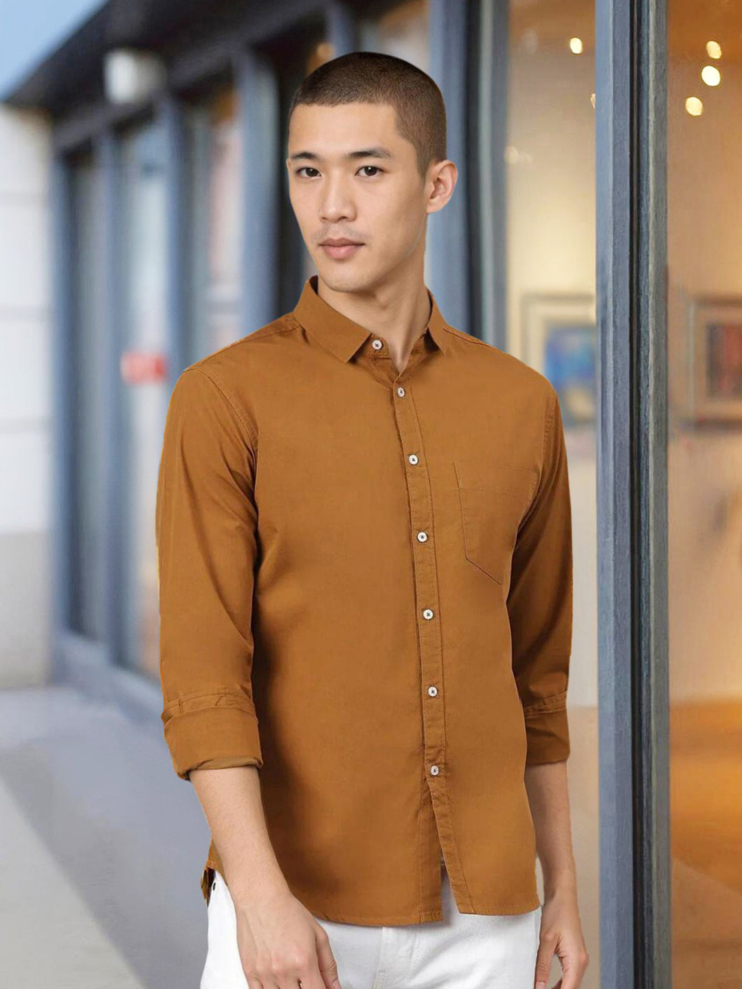 Dennis Lingo Men Brown Slim Fit Cotton Solid Casual Shirt