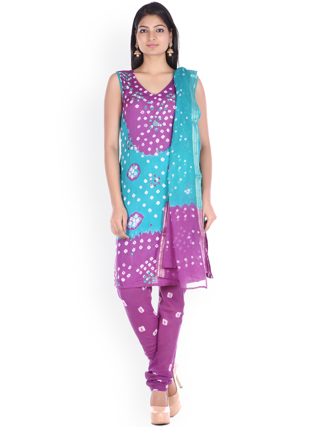SOUNDARYA Teal Green & Purple Bandhani Print Unstitched Dress Material