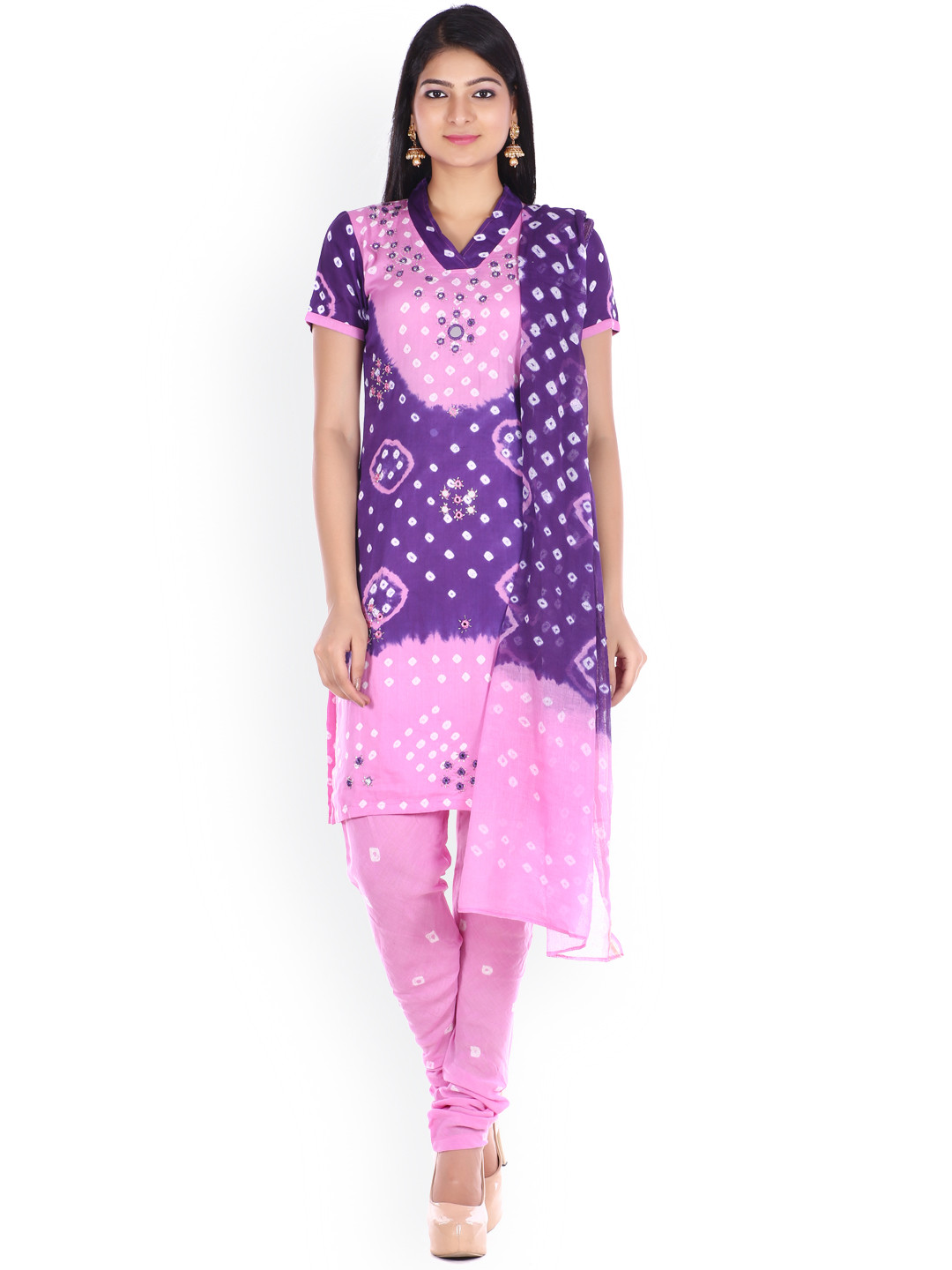 SOUNDARYA Pink & Blue Bandhani Print Unstitched Dress Material