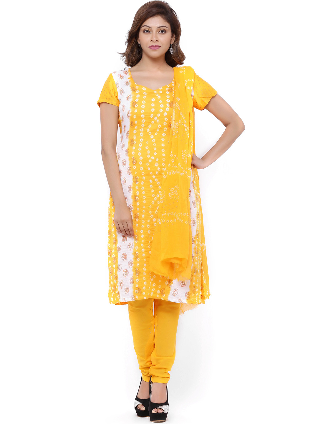 SOUNDARYA Yellow Hand Block Bandhani Print Unstitched Dress Material