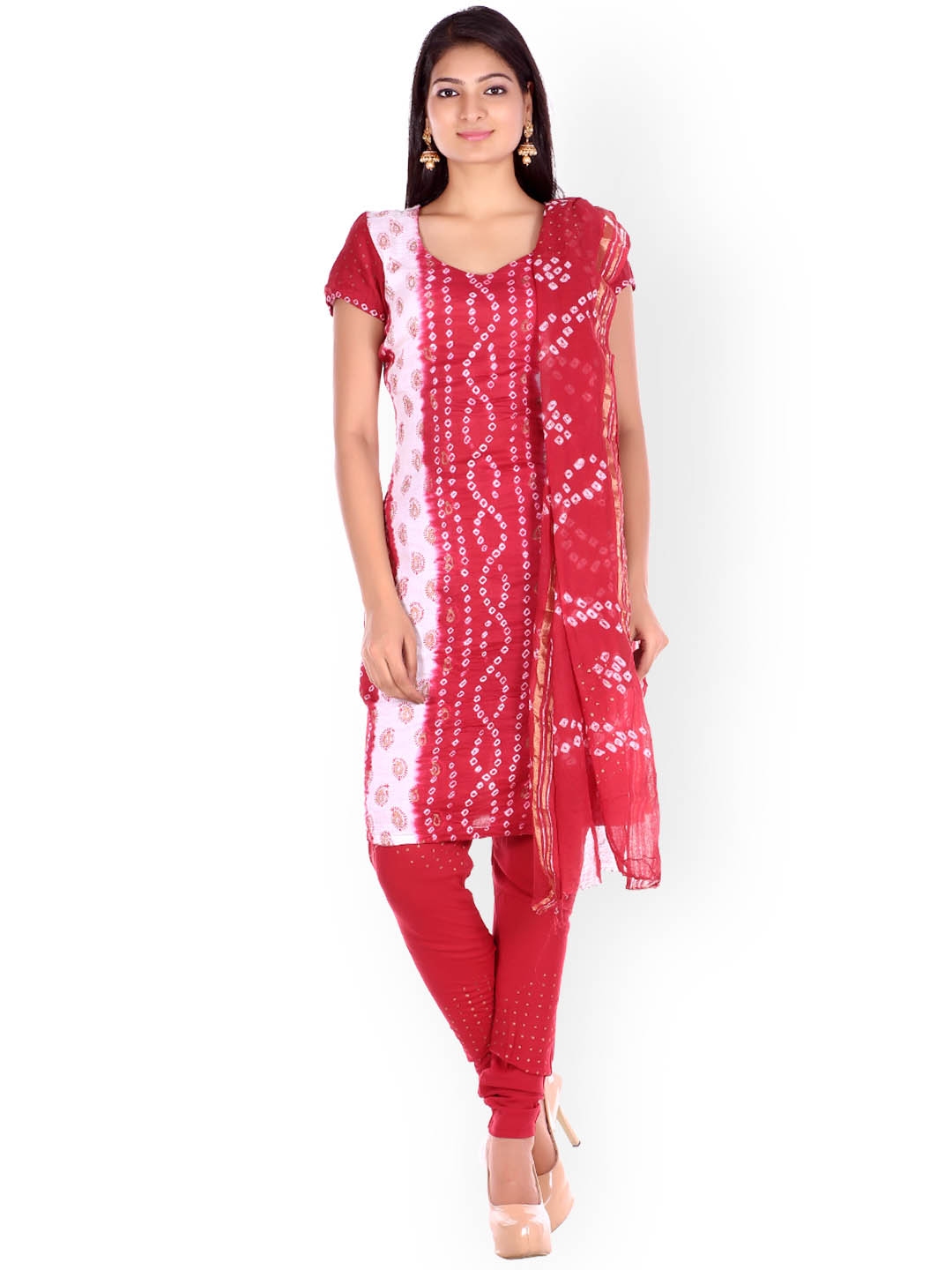 Buy SOUNDARYA Red Bandhni Print Unstitched Dress Material - Dress ...