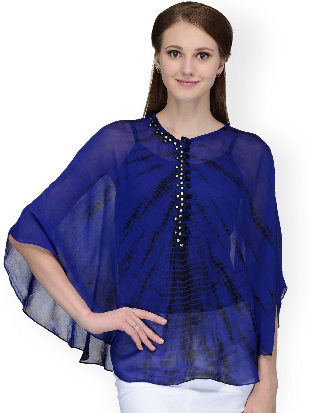 Bitterlime Blue Tie-Dyed Georgette Cape Top