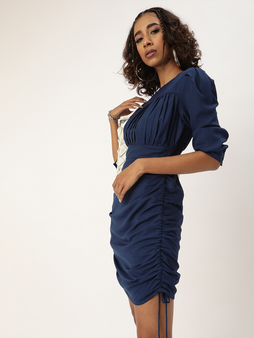 QUIERO Intense Navy Blue Solid Ruched Dress