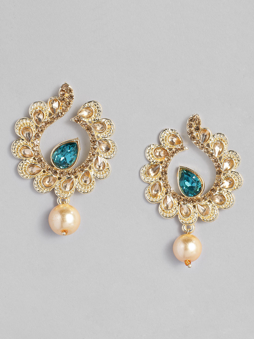 AccessHer Gold-Toned & Blue Handcrafted Kundan Studded Classic Drop Earrings