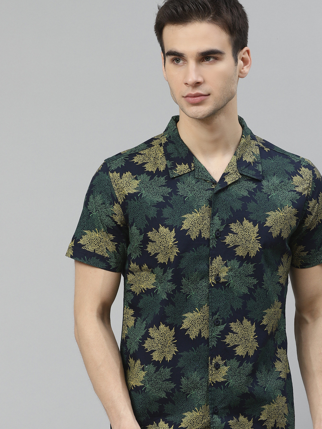 HERE&NOW Men Navy Blue & Green Slim Fit Tropical Print Casual Shirt