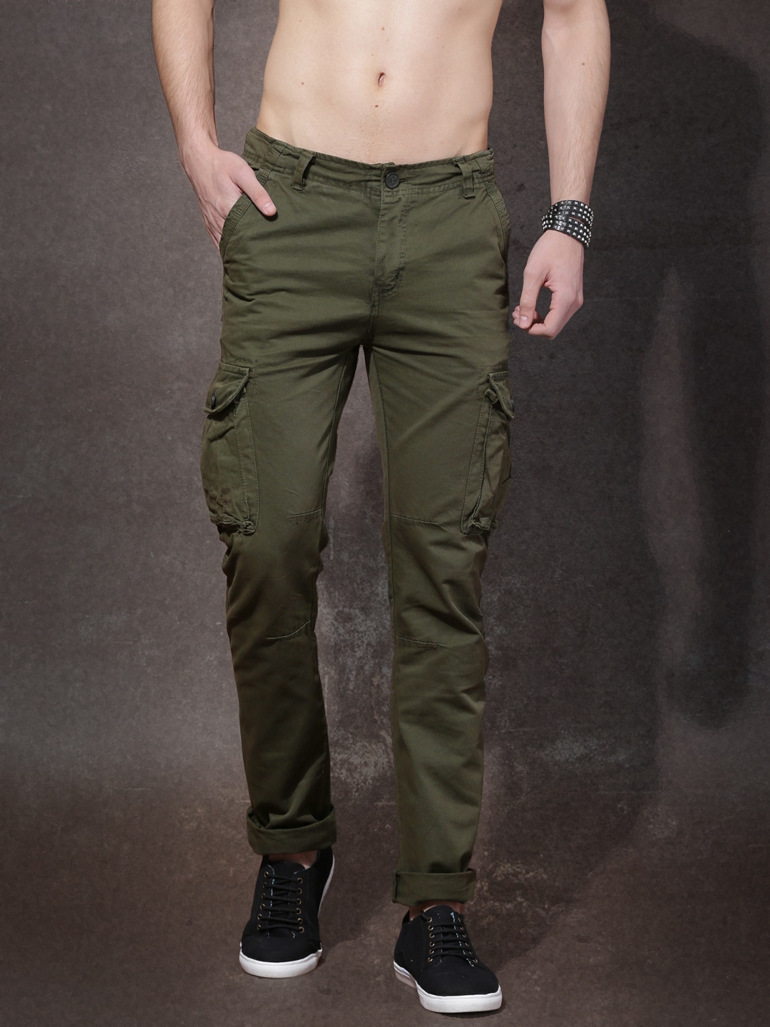Buy OnlineSpykar Men Military Green Lycra Slim Fit Ankle Length Plain  Trousers