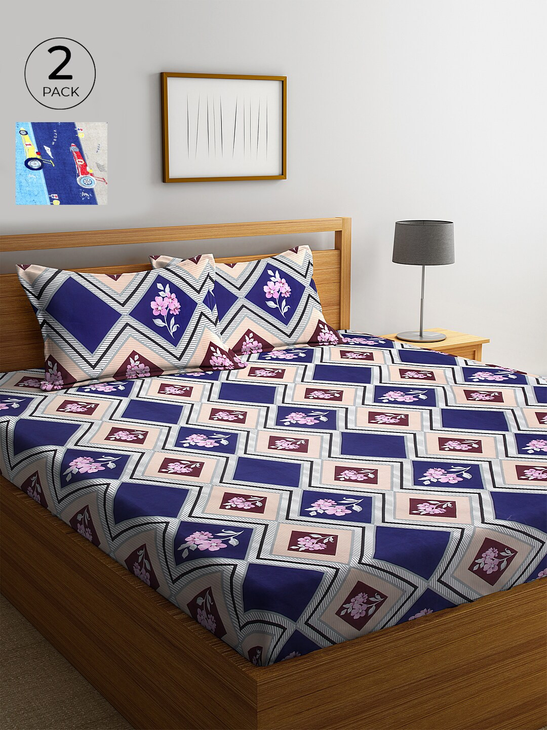 KLOTTHE Multicoloured Graphic Cotton 210 TC King Fine 2 Bedsheet with 4 Pillow Covers-98 x 89 inches