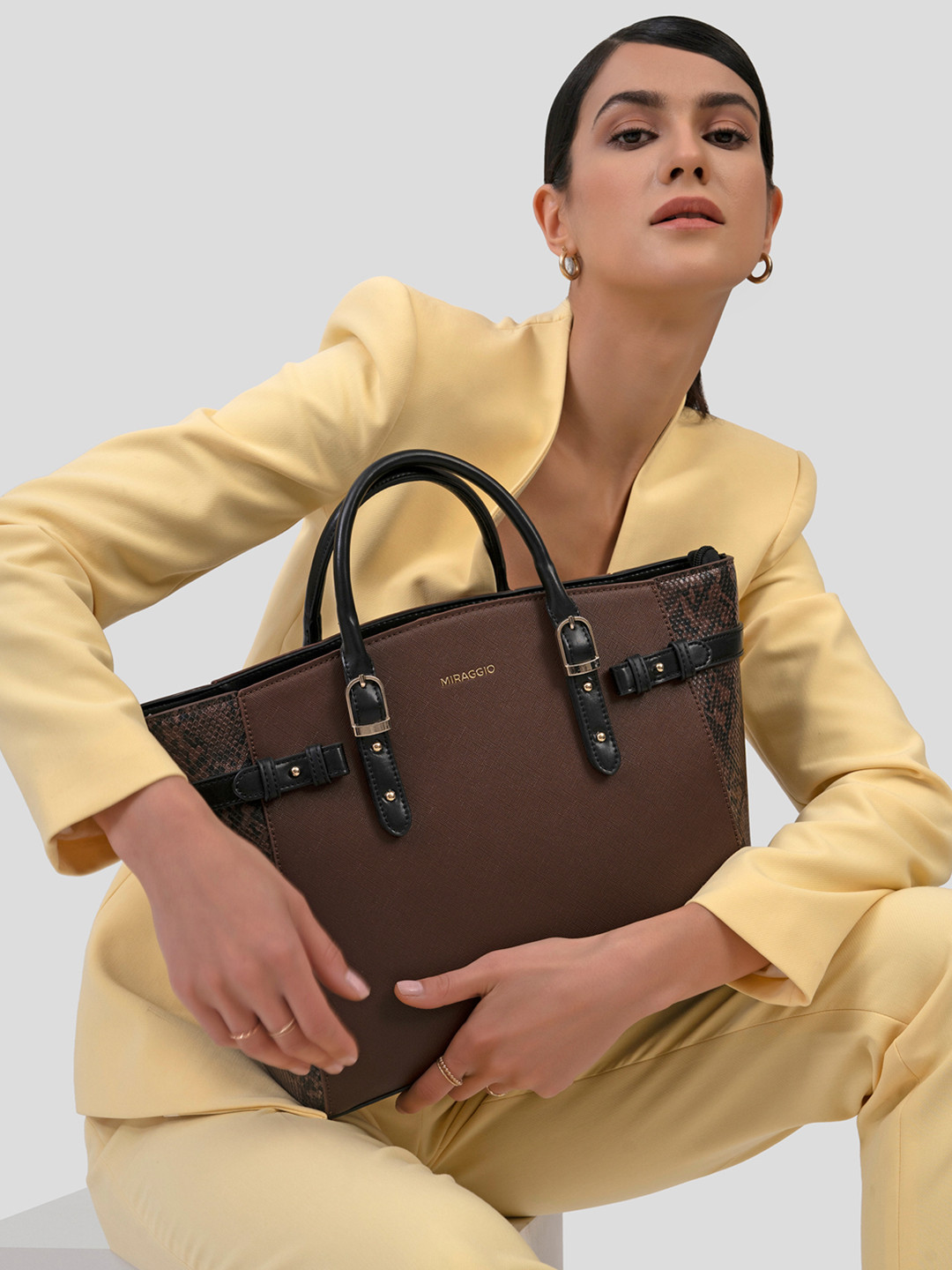 MIRAGGIO Rosalind Brown Tote Bag with Detachable Shoulder Strap