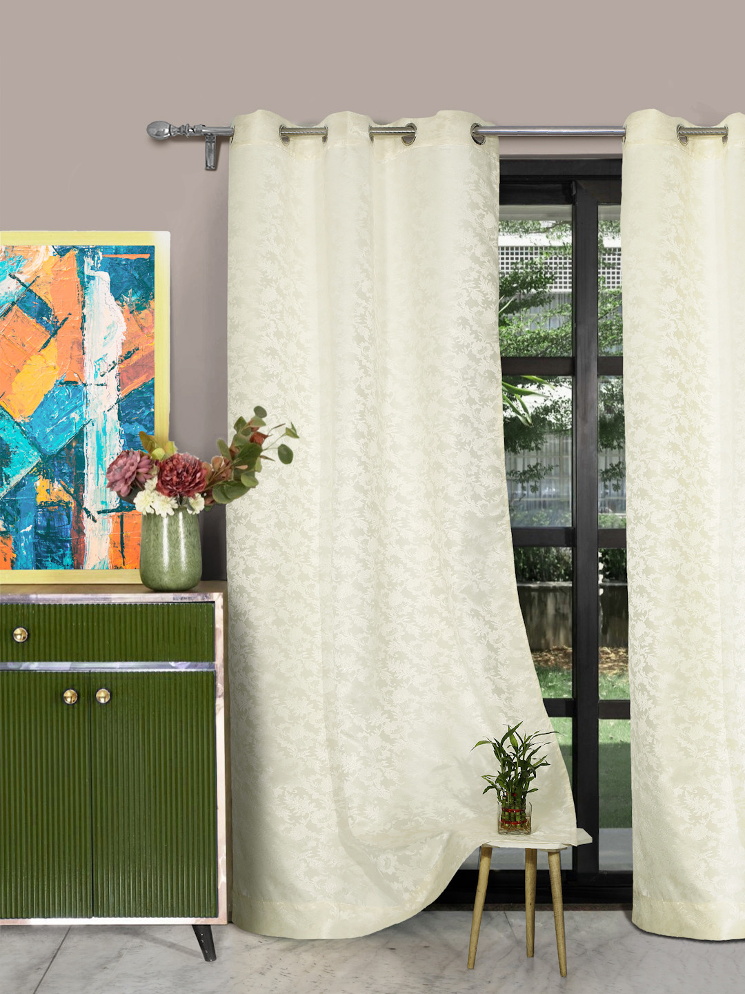 ROSARA HOME Cream-Coloured Jacquard Set of 2 Door Curtains