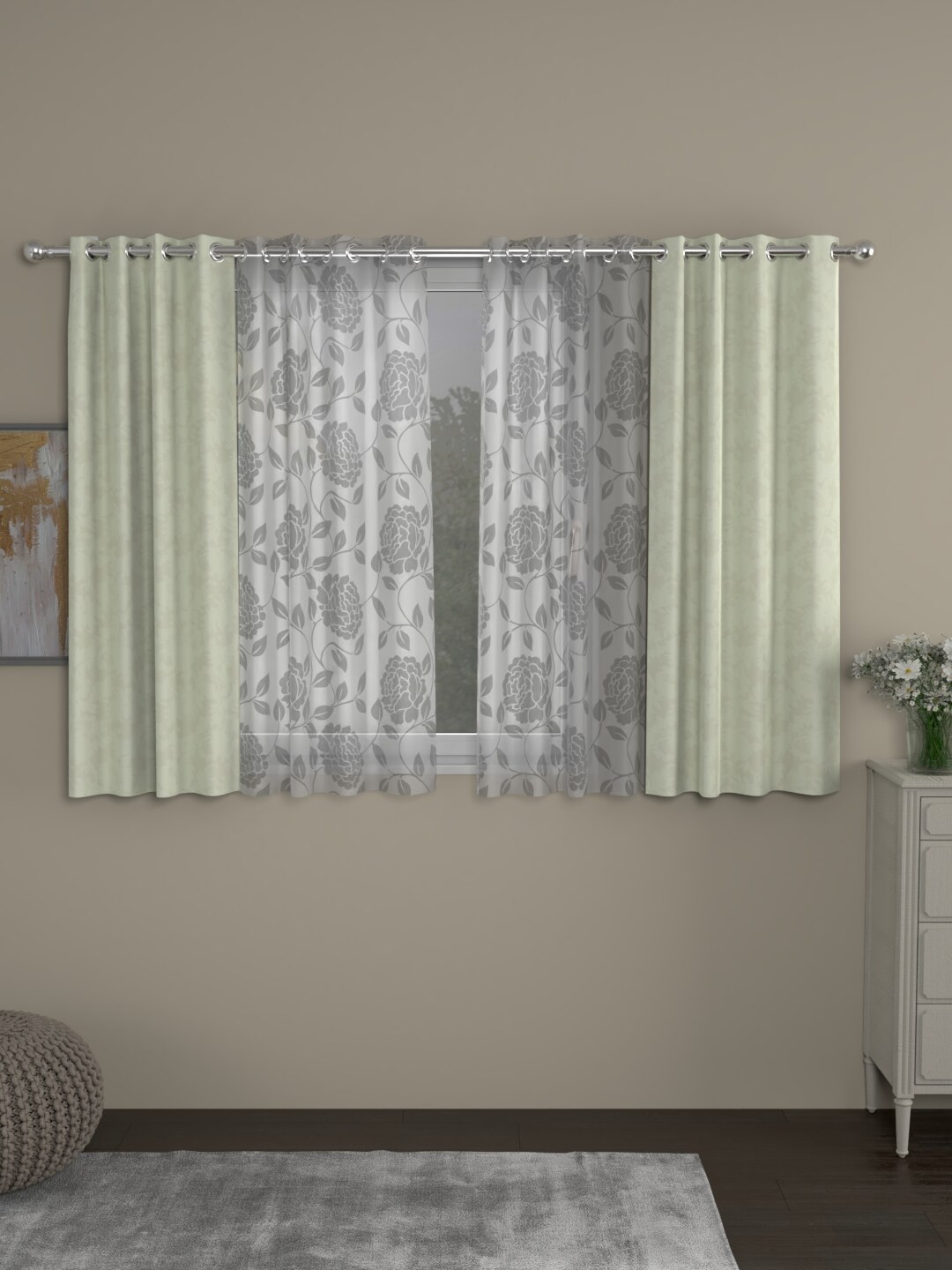 ROSARA HOME Cream-Coloured & White Set of 4 Regular and Sheer Window Curtains