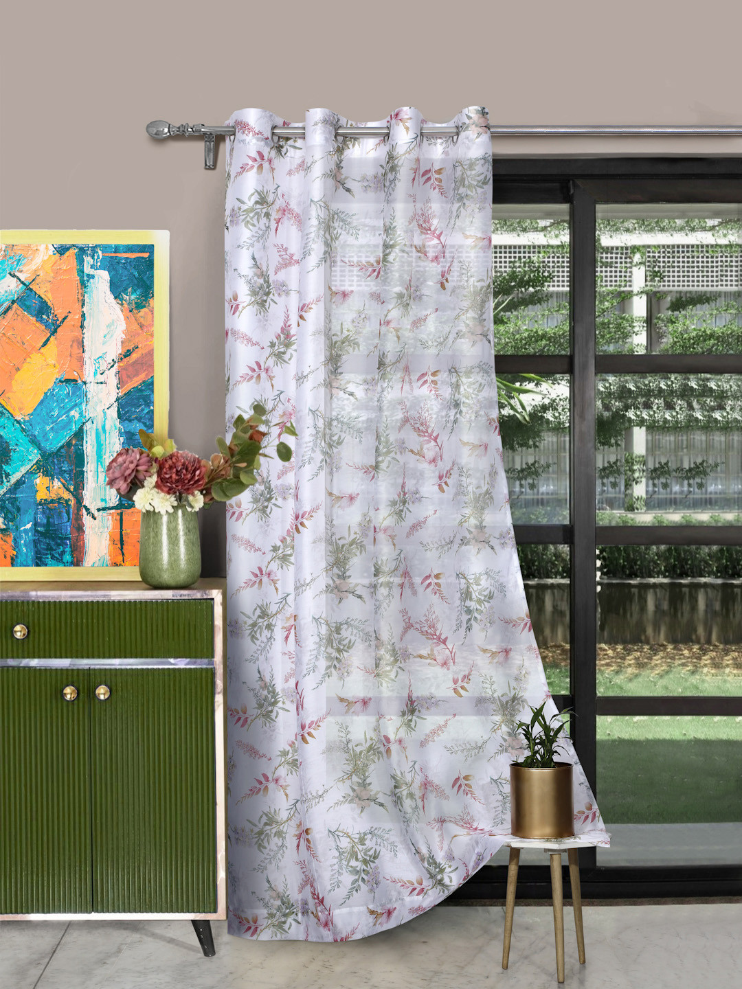 ROSARA HOME White & Pink Single Sheer Door Curtain