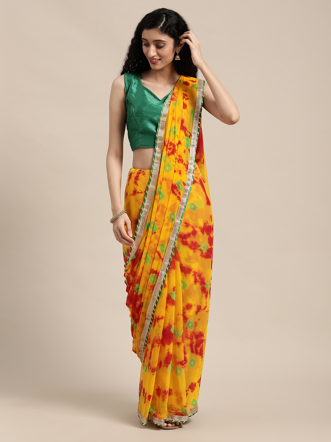 Geroo Jaipur Yellow & Red Tie and Dye Saree