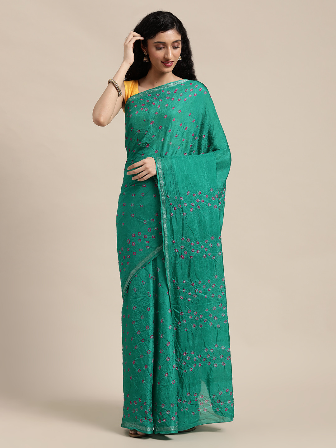 Geroo Jaipur Green & Magenta Pink Bandhani Art Silk Ready to Wear Bandhani Saree