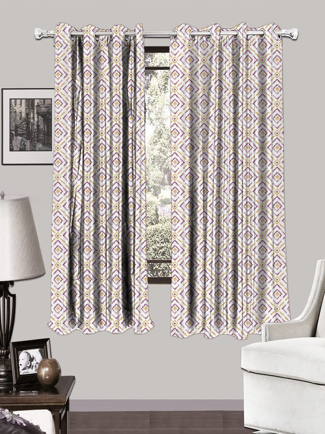 HOUZZCODE Purple & White Set of 2 Room Darkening Window Curtains