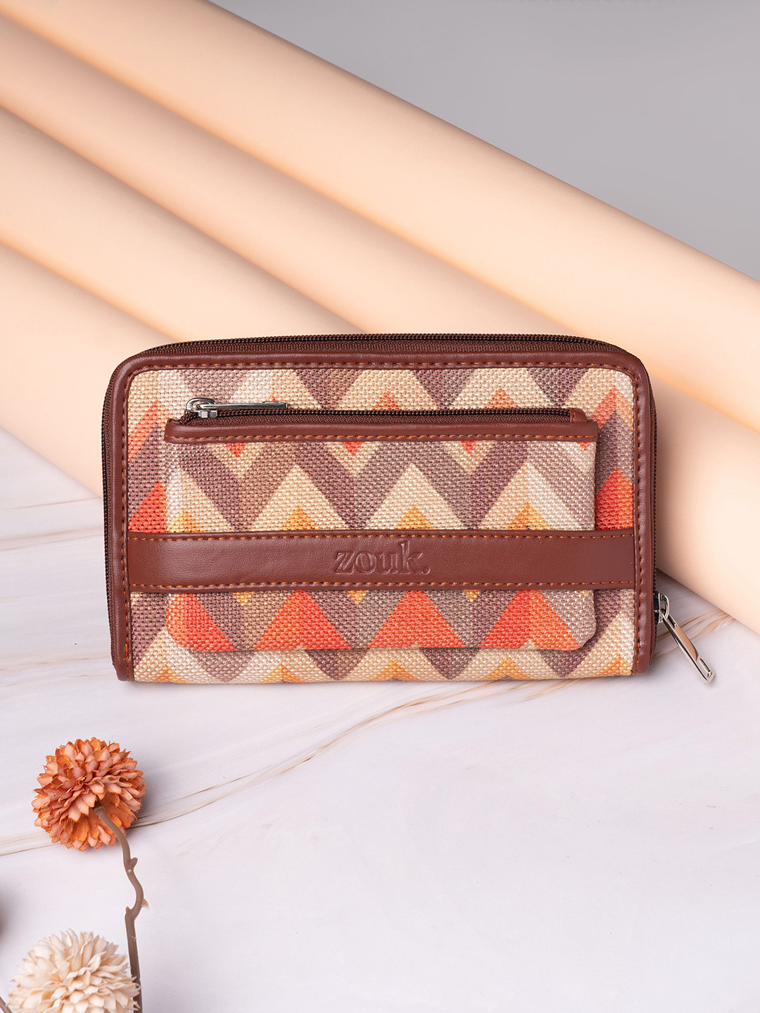 ZOUK Women Orange & Brown Printed Vegan Leather Zip Around Wallet