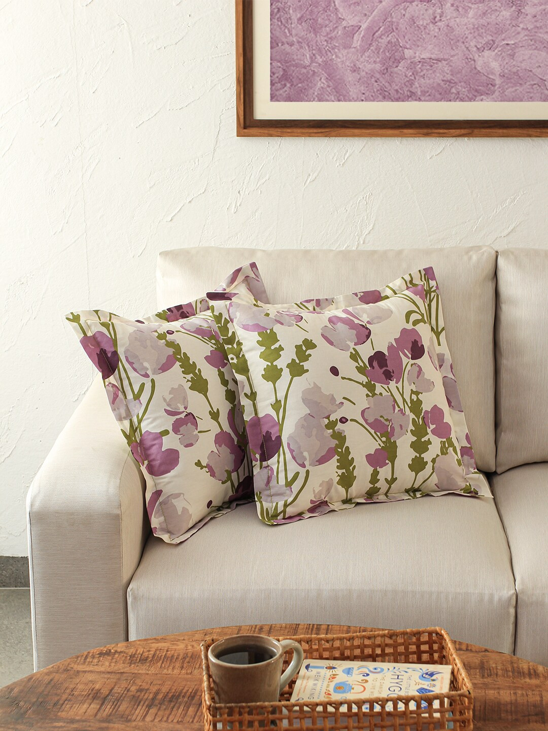 House This Purple & White Set of 2 Floral Square Cushion Covers